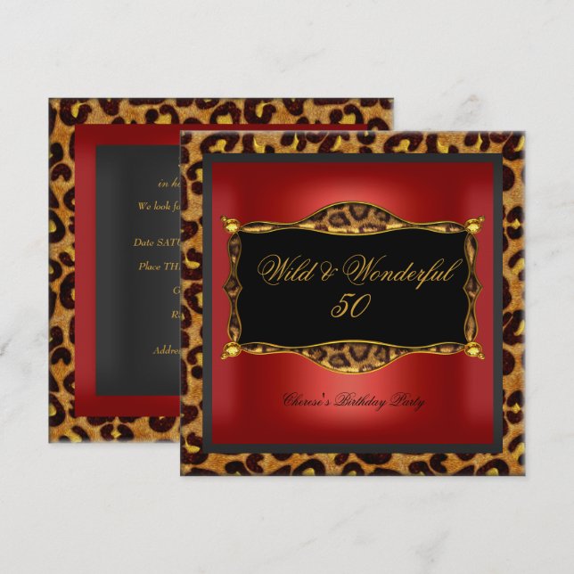Invitation Anniversaire Sauvage Rouge Or Noir Léopard 50 (Devant / Derrière)