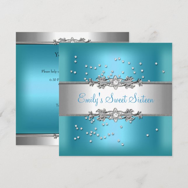 Invitation Anniversaire Seize Ans Bleu Sarcelle Diamants Arge (Devant / Derrière)