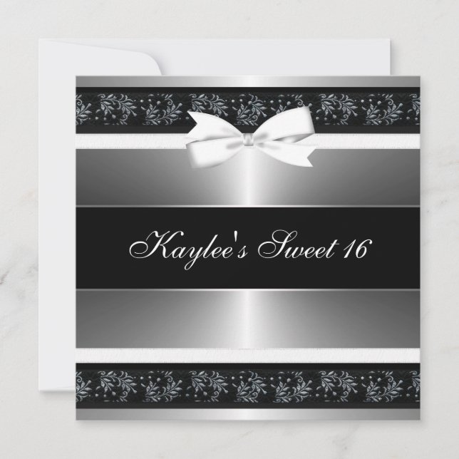 Invitation Anniversaire seize ans noir blanc ruban argent (Devant)