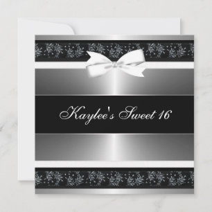Invitation Anniversaire seize ans noir blanc ruban argent