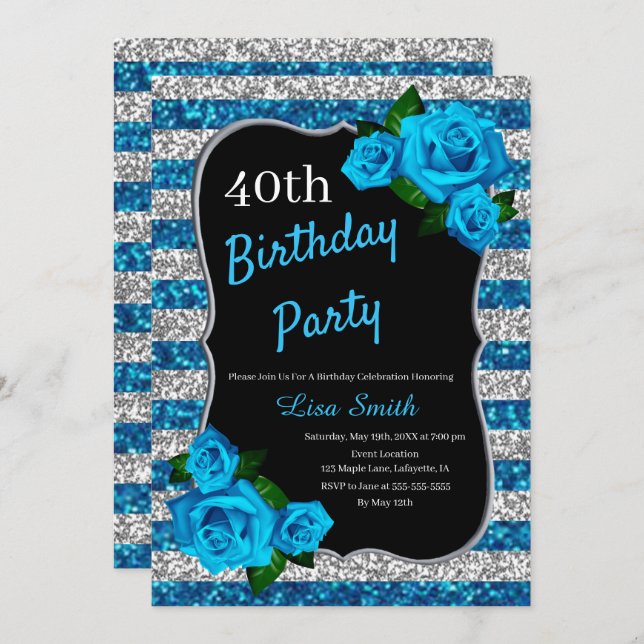 Invitation Anniversaire Silver Blue Stripes Parties scintilla (Devant / Derrière)