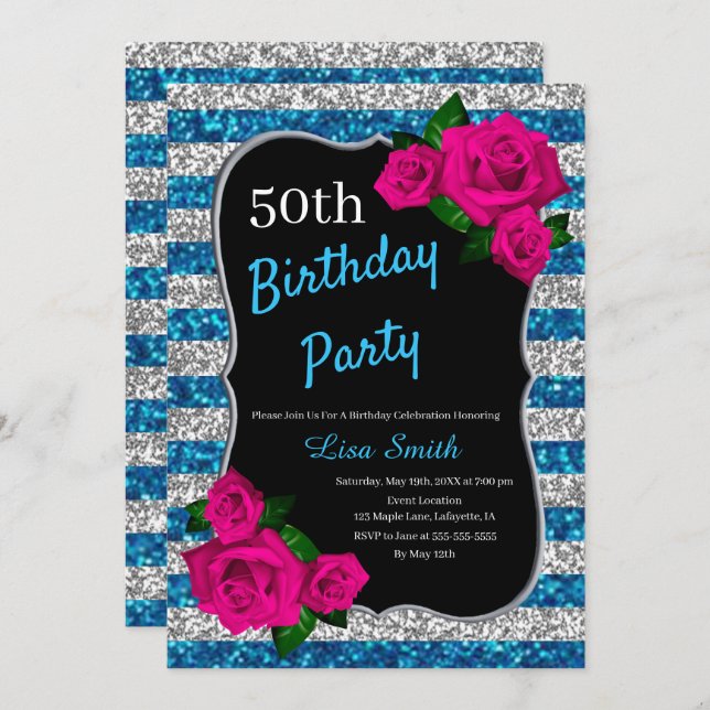 Invitation Anniversaire Silver Blue Stripes Parties scintilla (Devant / Derrière)