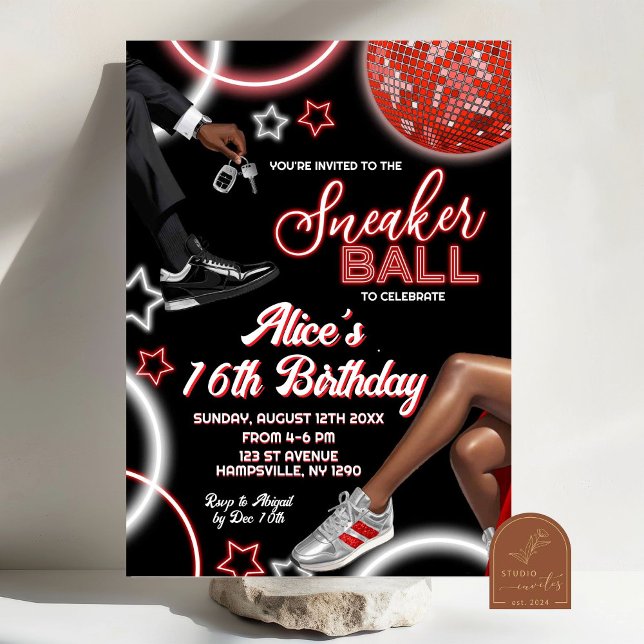 Invitation Anniversaire Silver Red Sneaker Ball et Disco Ball (Créateur téléchargé)