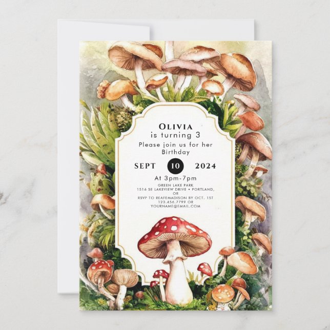 Invitation Anniversaire simple de champignons enchantés (Devant)