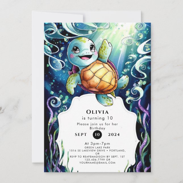 Invitation Anniversaire simple de la tortue marine (Devant)