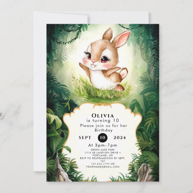 Invitation Anniversaire simple du lapin de bois (Devant)