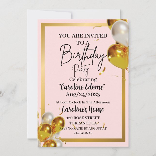 Invitation Anniversaire Simple Or & Rose (Devant)