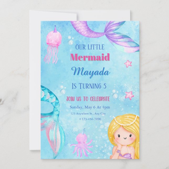 Invitation anniversaire sirène modèle éditable (Devant)