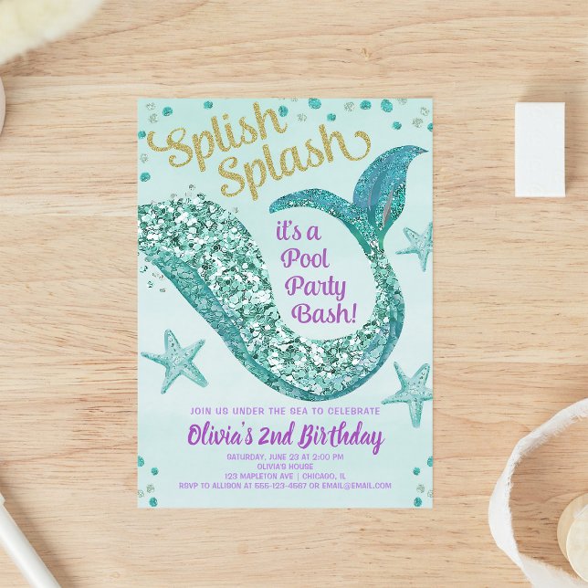 Invitation Anniversaire Sirène Piscine Turquoise Or Violet (Créateur téléchargé)