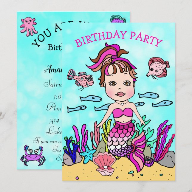 Invitation Anniversaire Sirène Rose sous la Mer (Devant / Derrière)