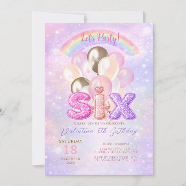 Invitation Anniversaire Six Ballons Pailletés Arc-en-Ciel (Devant)