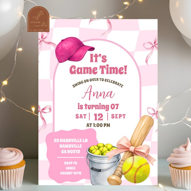 Invitation Anniversaire Softball Ruban Rétro Ondulé Rose Blus (Créateur téléchargé)