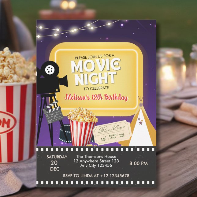Invitation Anniversaire Soirée Cinéma Popcorn dans le Jardin (Créateur téléchargé)