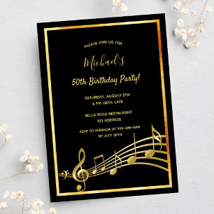 Invitation Anniversaire soirée noir note de musique or
