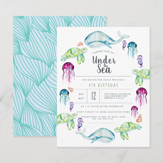 Invitation Anniversaire sous la mer | Aquarelle de créatures  (Devant / Derrière)