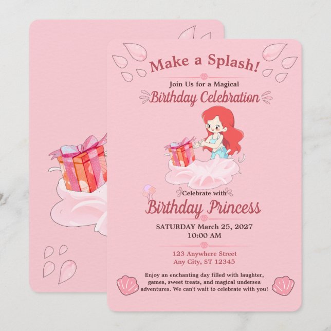 Invitation anniversaire sous-marin rose modifiable (Devant / Derrière)