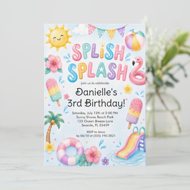 Invitation Anniversaire Splash avec Aquarelle Fantaisiste  (Debout devant)