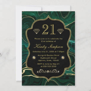 Invitation Anniversaire Strates de Malachite Vert Foncé et Fe