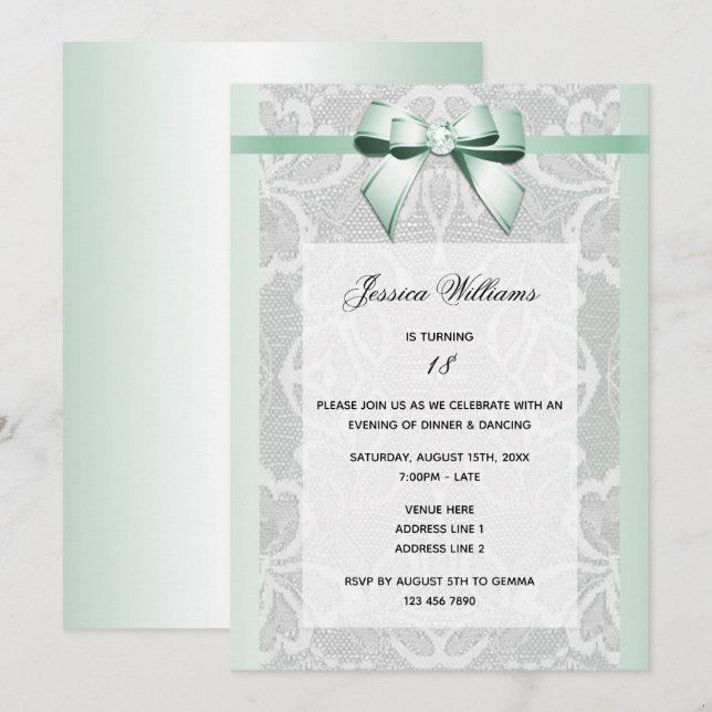 Invitation Anniversaire Stylé Ruban Menthe & Dentelle (Devant / Derrière)
