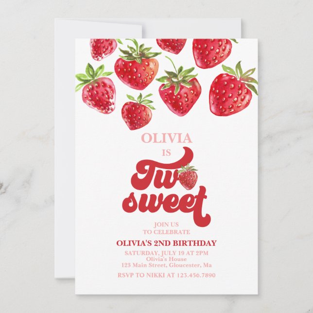 Invitation Anniversaire sucré de 2 ans à la fraise (Devant)