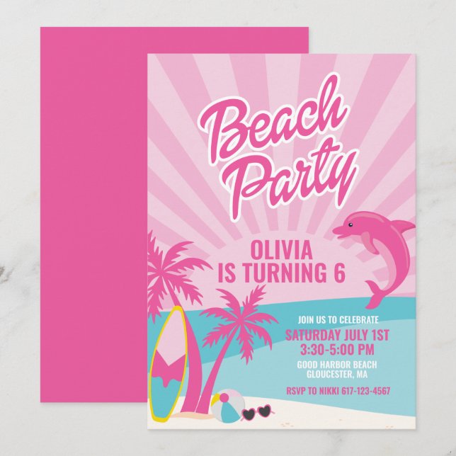 Invitation Anniversaire sur la plage rose de Malibu (Devant / Derrière)