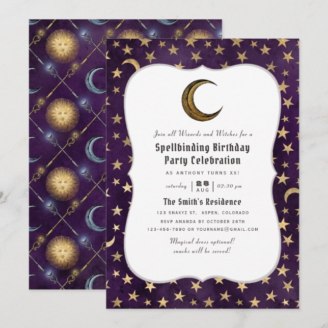 Invitation Anniversaire sur le thème du magicien violet et or (Devant / Derrière)