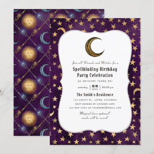 Invitation Anniversaire sur le thème du magicien violet et or