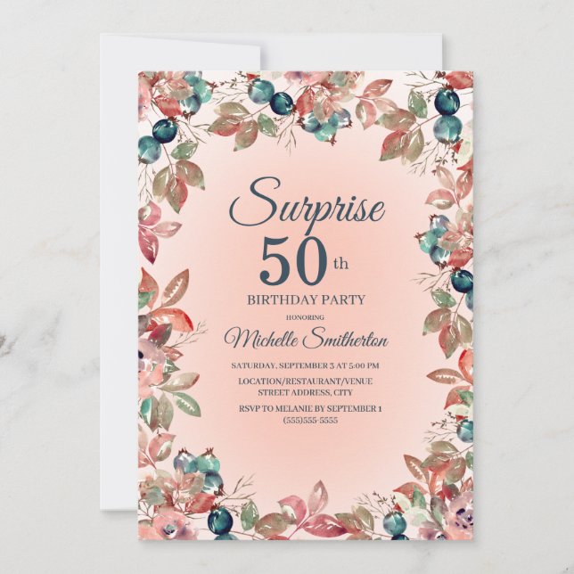Invitation Anniversaire Surprise 50ème Femmes rose Turquoise  (Devant)