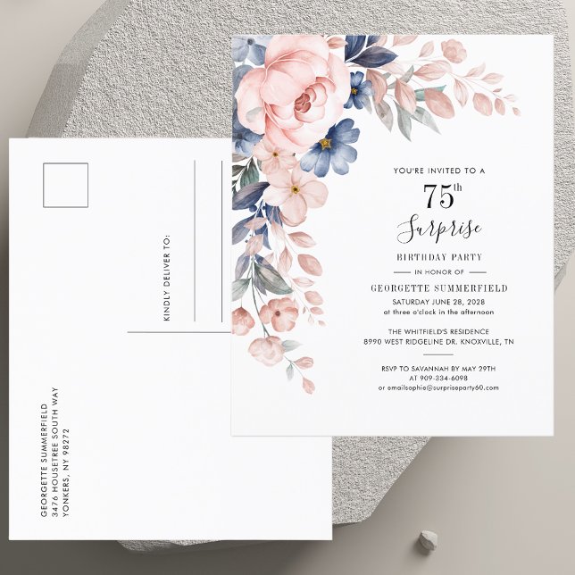 Invitation anniversaire surprise 75 ans à fleurs r (Pink Floral 75th Surprise Birthday Invitation)
