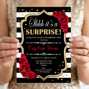 Invitation Anniversaire Surprise - Blancs noirs Roses rouges