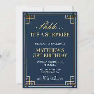 Invitation Anniversaire surprise bleu marine Or Hommes 71e an