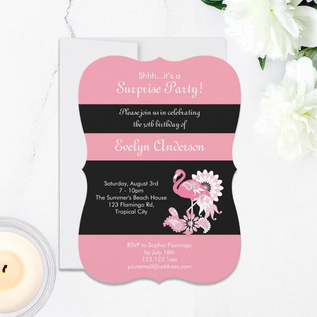 Invitation Anniversaire surprise moderne flamingo rose noir (Créateur téléchargé)