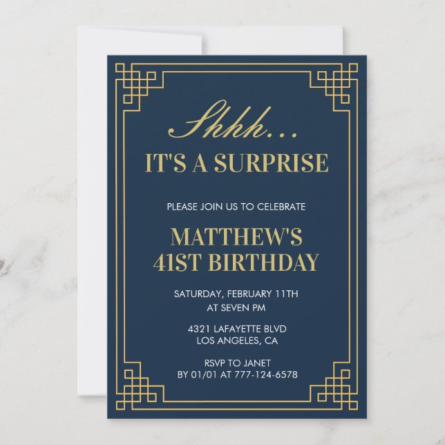 Invitation Anniversaire surprise Navy blue Or Hommes 41e anni (Devant)