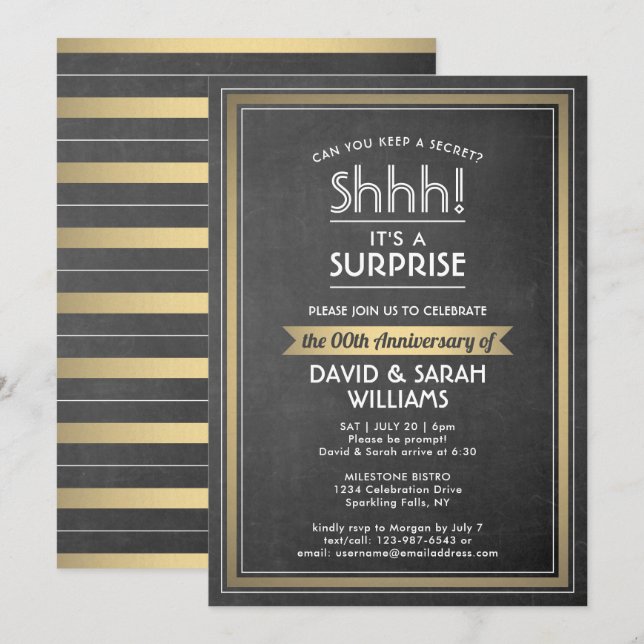 Invitation Anniversaire Surprise Party Black Chalkboard & Gol (Devant / Derrière)