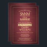 Invitation Anniversaire Surprise Party Brossé Bourgogne et or<br><div class="desc">Peux-tu garder un secret ? famille d'Invitations et amis à une fête d'anniversaire élégante et passionnante surprise avec des invitations à la fête de bordeaux et d'or sur mesure. Toute la formulation de ce modèle est simple à personnaliser, y compris le message qui dit "Shhh! C'est une SURPRISE." Le design...</div>