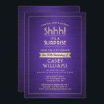 Invitation Anniversaire Surprise Party brossé violet et or<br><div class="desc">Peux-tu garder un secret ? Famille Invitation et amis à une fête d'anniversaire élégante et excitante avec des invitations personnalisées violet et or. Toute la formulation de ce modèle est simple à personnaliser, y compris le message qui dit "Shhh! C'est une SURPRISE." Le design se compose d'une bordure rayée moderne...</div>