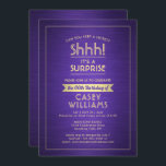 Invitation Anniversaire Surprise Party brossé violet et or<br><div class="desc">Peux-tu garder un secret ? Famille Invitation et amis à une fête d'anniversaire élégante et excitante avec des invitations personnalisées violet et or. Toute la formulation de ce modèle est simple à personnaliser, y compris le message qui dit "Shhh! C'est une SURPRISE." Le design se compose d'une bordure rayée moderne...</div>