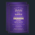 Invitation Anniversaire Surprise Party brossé violet et or<br><div class="desc">Peux-tu garder un secret ? Famille Invitation et amis à une fête d'anniversaire élégante et excitante avec des invitations personnalisées violet et or. Toute la formulation de ce modèle est simple à personnaliser, y compris le message qui dit "Shhh! C'est une SURPRISE." Le design se compose d'une bordure rayée moderne...</div>