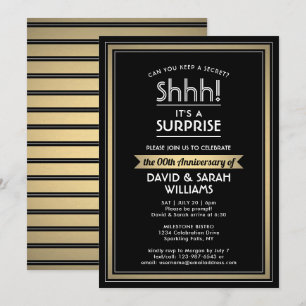 Invitation Anniversaire Surprise Party Noir, Blanc et Or