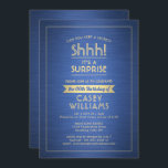 Invitation Anniversaire Surprise Party Shhh! Bleu et or bross<br><div class="desc">Peux-tu garder un secret ? famille d'Invitations et amis à une fête d'anniversaire élégante et passionnante surprise avec des invitations personnalisées bleu et or fête. Toute la formulation de ce modèle est simple à personnaliser, y compris le message qui dit "Shhh! C'est une SURPRISE." Le design se compose d'une bordure...</div>
