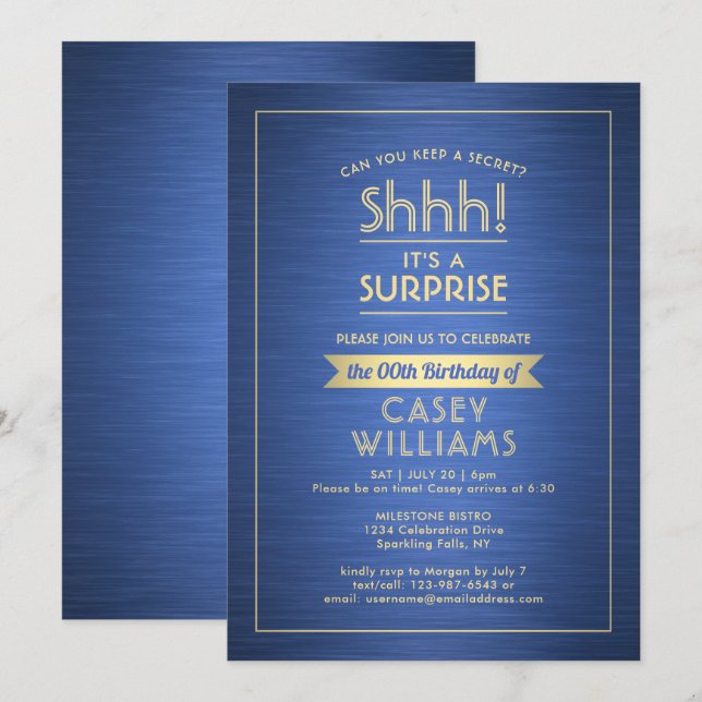 Invitation Anniversaire Surprise Party Shhh! Bleu et or bross (Devant / Derrière)