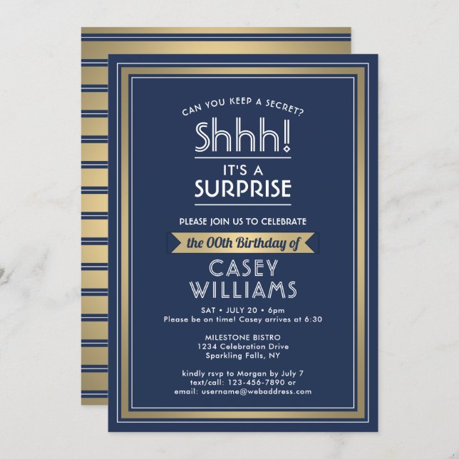 Invitation Anniversaire Surprise Party Shhh! Marine bleu et o (Devant / Derrière)