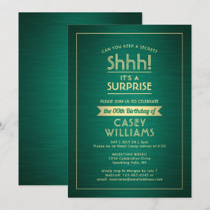 Invitation Anniversaire Surprise Party Shhh! Vert & Or brossé