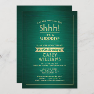 Invitation Anniversaire Surprise Party Shhh! Vert & Or brossé