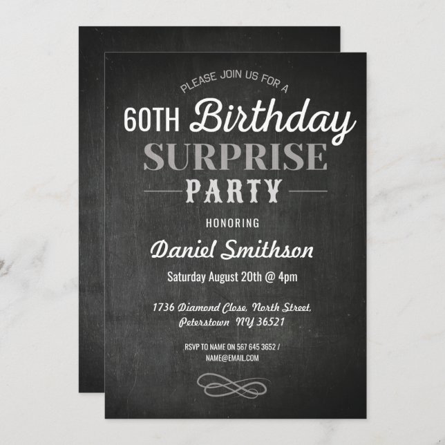 Invitation Anniversaire Surprise Rustic Chalk Hommes Femmes I (Devant / Derrière)