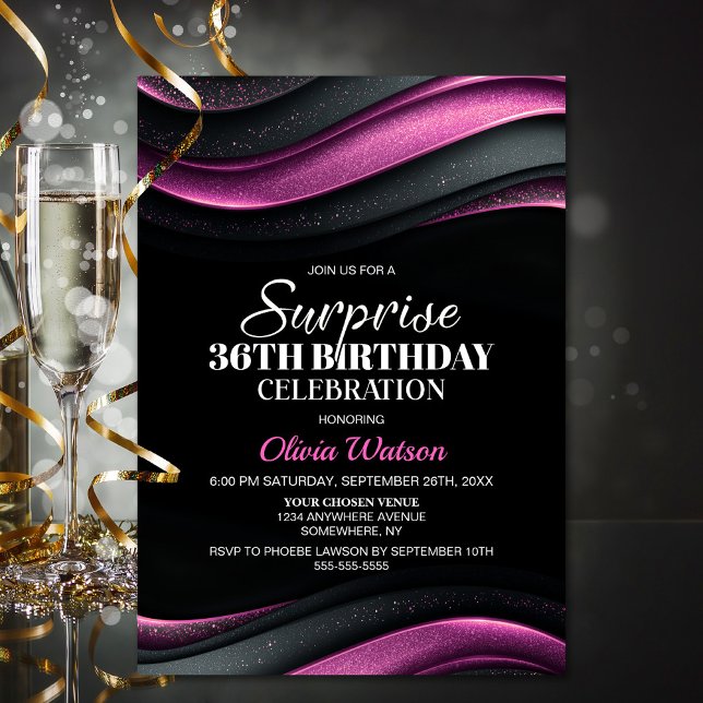 Invitation Anniversaire Surprise Toute Âge Noir et Rose (Créateur téléchargé)