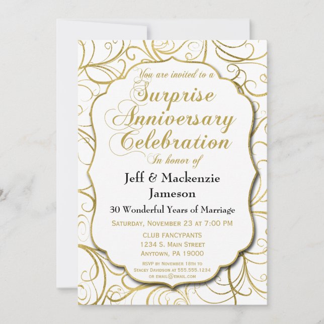 Invitation Anniversaire Surprise White Gold Swirl (Devant)