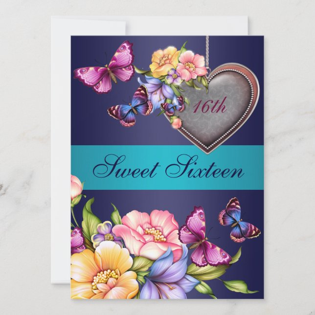 Invitation anniversaire Sweet16 à motif papillon f (Devant)