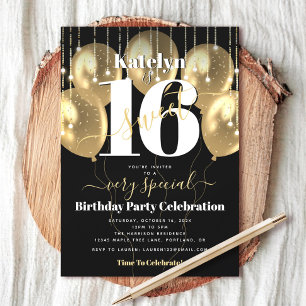 Invitation Anniversaire Sweet 16 Ballons Noir Or Moderne Gras
