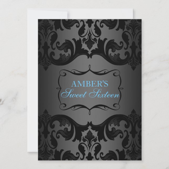 Invitation anniversaire Sweet 16 damassé bleu et n (Devant)
